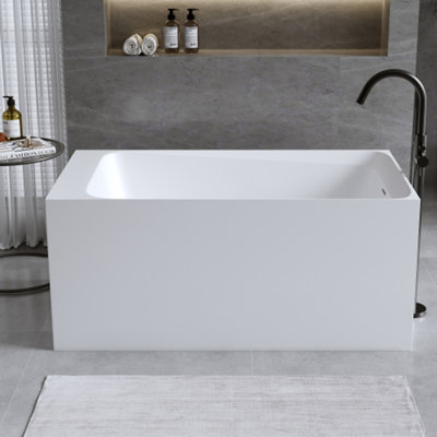 Baignoire de trempage autoportante en résine de 51 po à surface solide blanc mat avec trop-plein et bonde escamotable