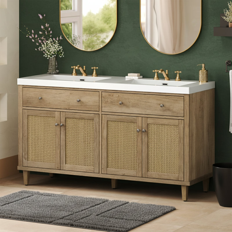 Meuble-lavabo double 60 po - comptoir SMC, portes à fermeture en douceur et plateaux basculants - finition bois naturel