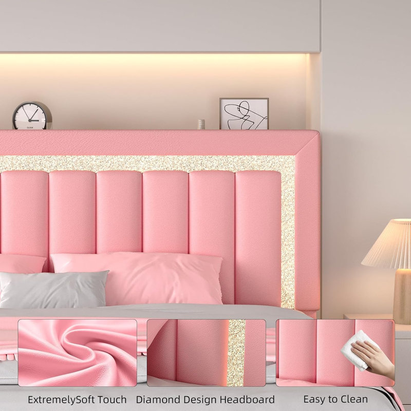 Floating Bed Frame with Smart LED Lights, Faux Leather Upholstered Platform Bed with Diamond PU Headboard, King, Pink