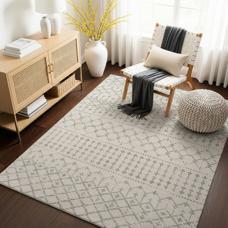 Ethno Runner Light Grey/Green_ROM2407, Rectangle 160 x 215cm