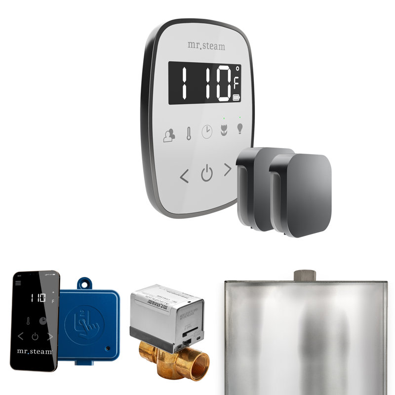 Ensemble de commande de douche à vapeur ButlerFlex Max avec contrôle TempoFlex et tête de vapeur , Blanc / acier satiné