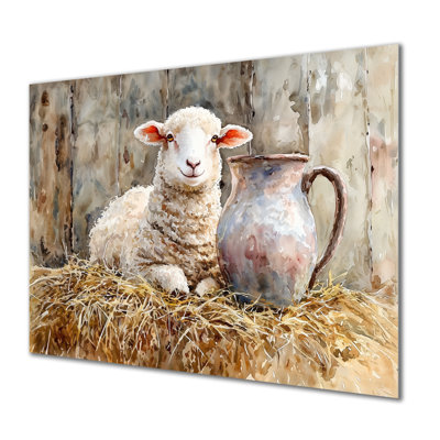 Portrait de bébé mouton à la grange I - reproduction d'art moderne en métal, décoration murale en métal mouton