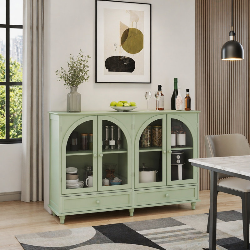 Buffet en verre arqué avec 4 portes en verre et 2 tiroirs, crédence de ferme avec tablettes réglables, Vert
