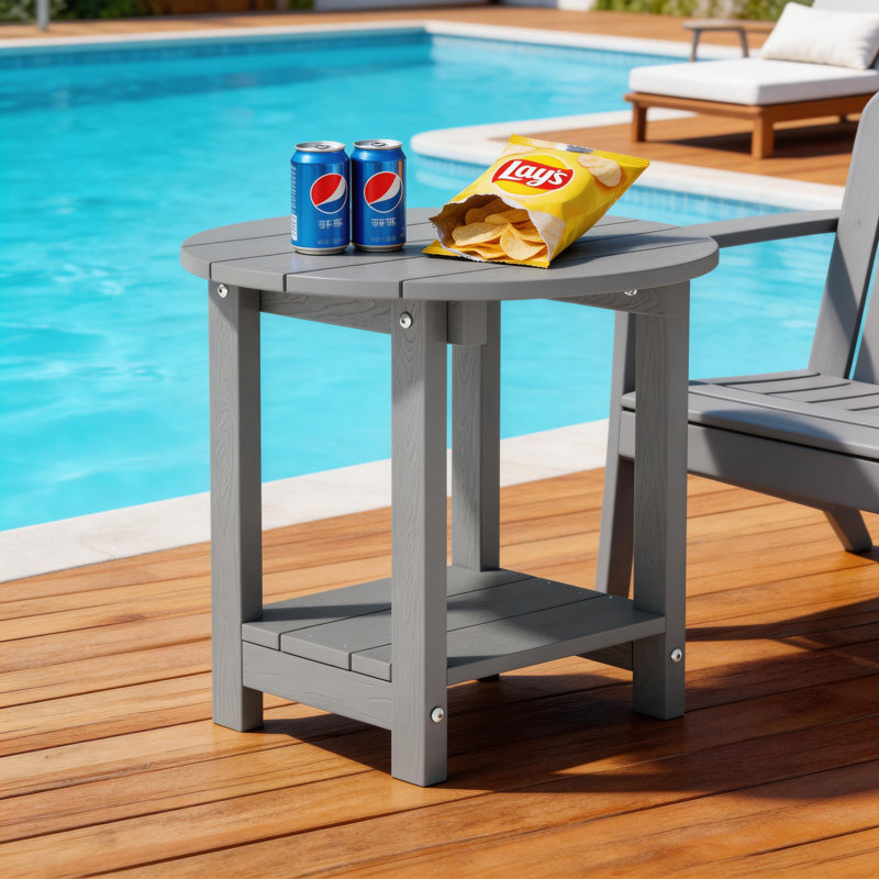 Table d'appoint ronde pour l'extérieur H 18 po x P 18 po pour chaises Adirondack, table de bout à 2 niveaux avec rangement facile à entretenir et résistant aux intempéries avec support de charge de 330 lb pour la cour, la piscine, le patio, le porche, le jardin, la pelouse, le compagnon de détente, Gris