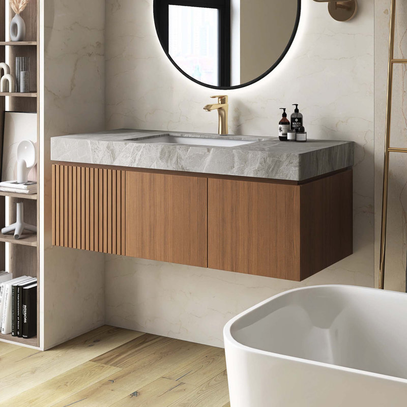 Meuble-lavabo mural pré-assemblé en contreplaqué avec lavabo, tiroir et portes, Brun
