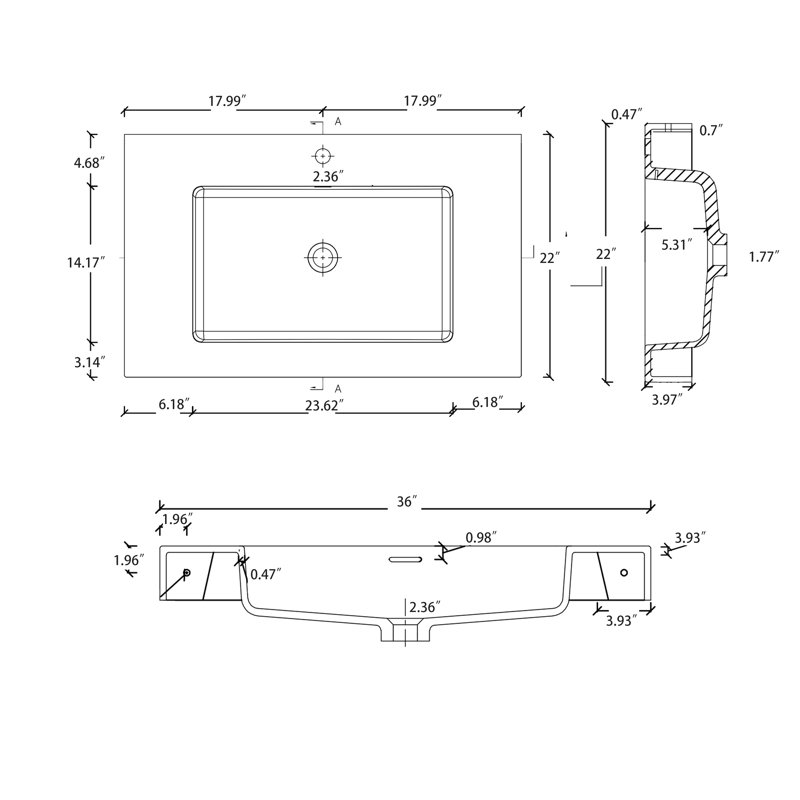 Lavabo de salle de bain mural 36 ", lavabo intégré à surface solide en café au lait mat avec trou pour robinet