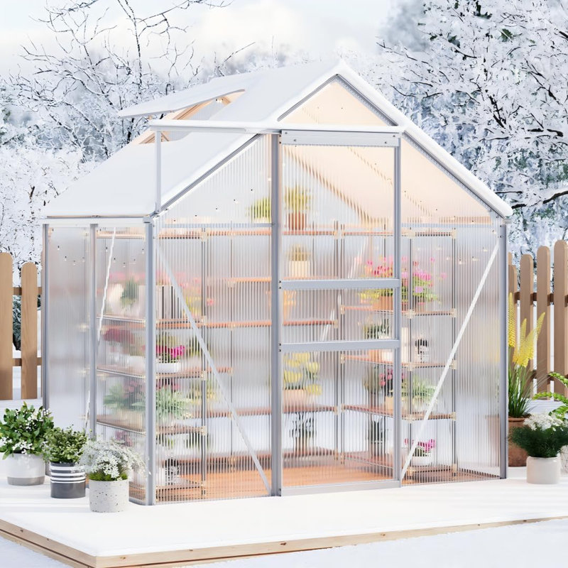 Polycarbonate Walk-In Greenhouse 6x4 FT – Heavy Duty Aluminum Frame, Sliding Door, Adjustable Roof Vent, Rain Gutter, All-Season Outdoor Kit for Backyard, Garden, Patio (Original Color)