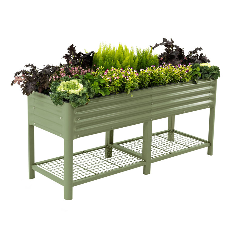 32" Tall 72" Long Metal Outdoor Elevated Planter, Olive Green