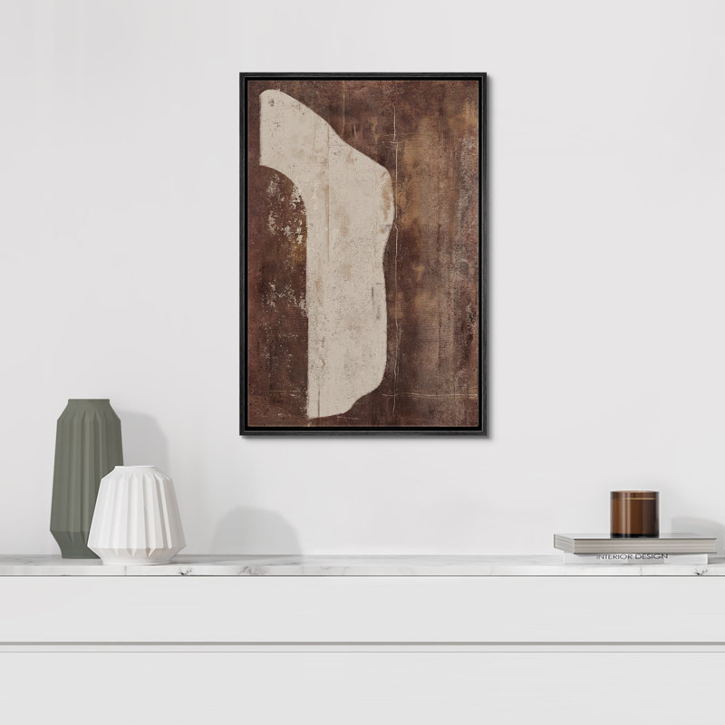 Style Mid-Century brun foncé, formes abstraites neutres, grand cadre rustique, décor minimaliste M25, H 24 po x l 16 po