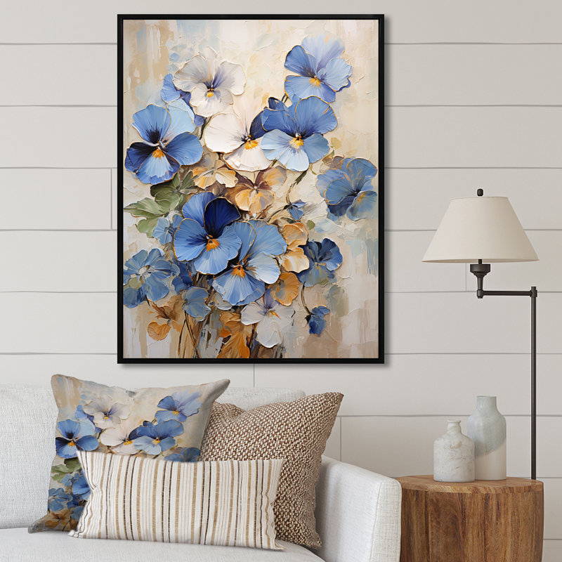 Bleu et or Minimalisme Pansy Radiance Bouquet I, Cadre flottant noir, H 44 po x l 34 po x P 1,5 po