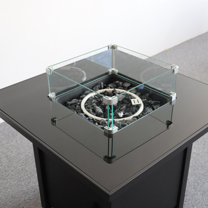 Foyer en métal noir thermolaqué avec plateau en verre fumé