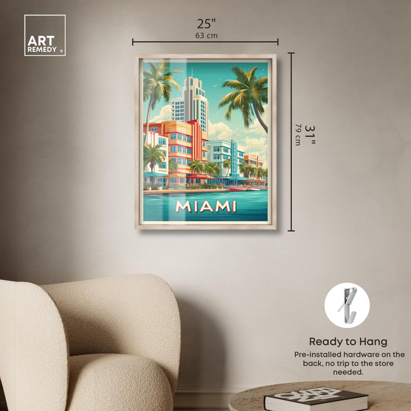 «Miami Deco I Shadowbox Print Retro Summer Decor» par Art Remedy, H 31 po x l 25 po, Crème, crème