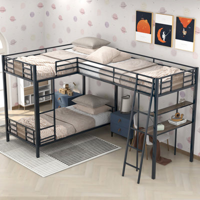 L-Shaped Twin Over Twin Bunk Bed With Twin Size Loft Bed With Desk And Shelf ,Brown by Harriet Bee