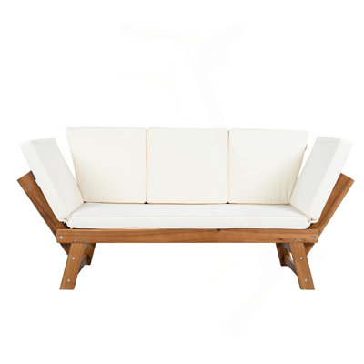 Outdoor Adjustable Patio Wooden Daybed Sofa Chaise Lounge With Cushions For Small Places, Natural Finish+Beige Cushion