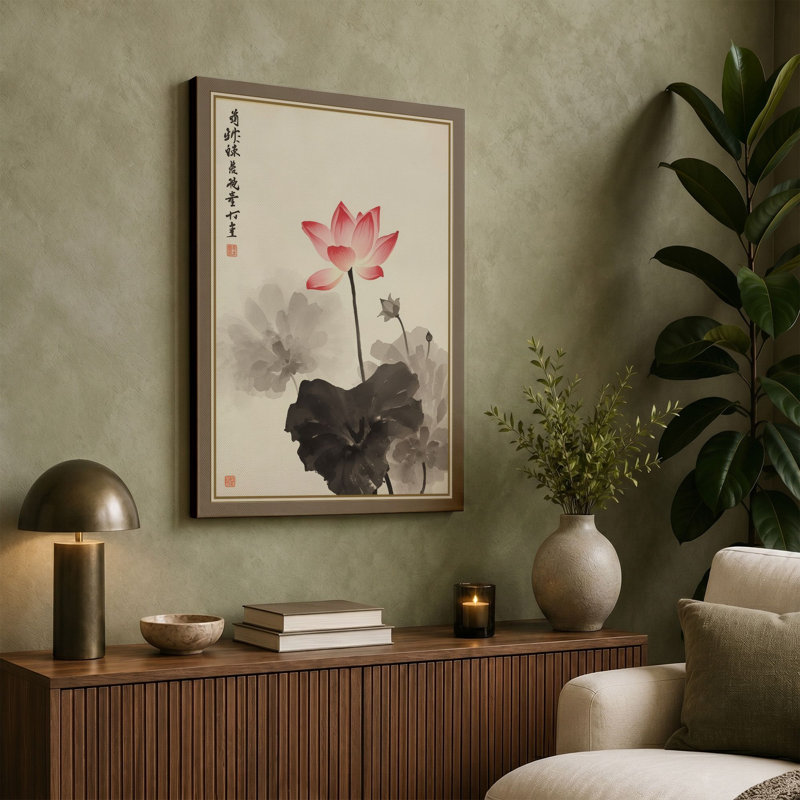 Lotus in Bloom Japandi - Wrapped Canvas, 36x24 - 91.4 x 61.0 cm, Ochre Border