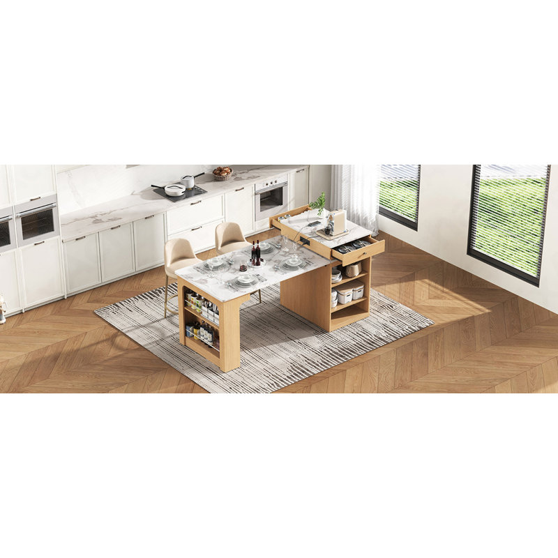 59.5"Kitchen Island With Extendable Dining Table, Kitchen Storage Table With Double-Sided Storage, Kitchen Island With 2 Drawers, Power Outlet, Side Open Shelves, For Kitchen, Dining Room, Natural