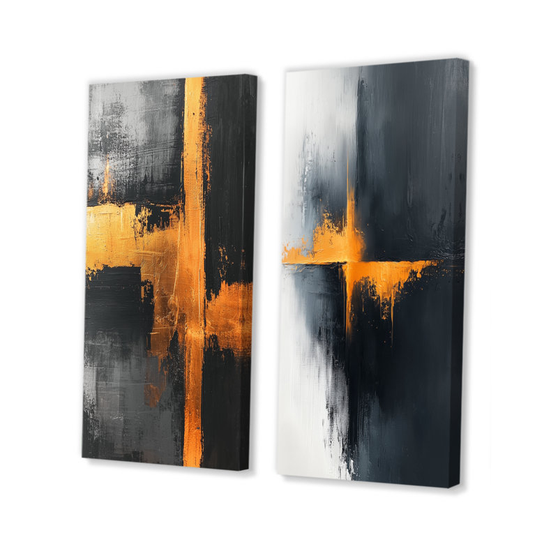 «Black and Gold Converge Dream I - Minimalisme», ensemble d'art mural 2 pièces, H 28 po x l 24 po, Toile tendue