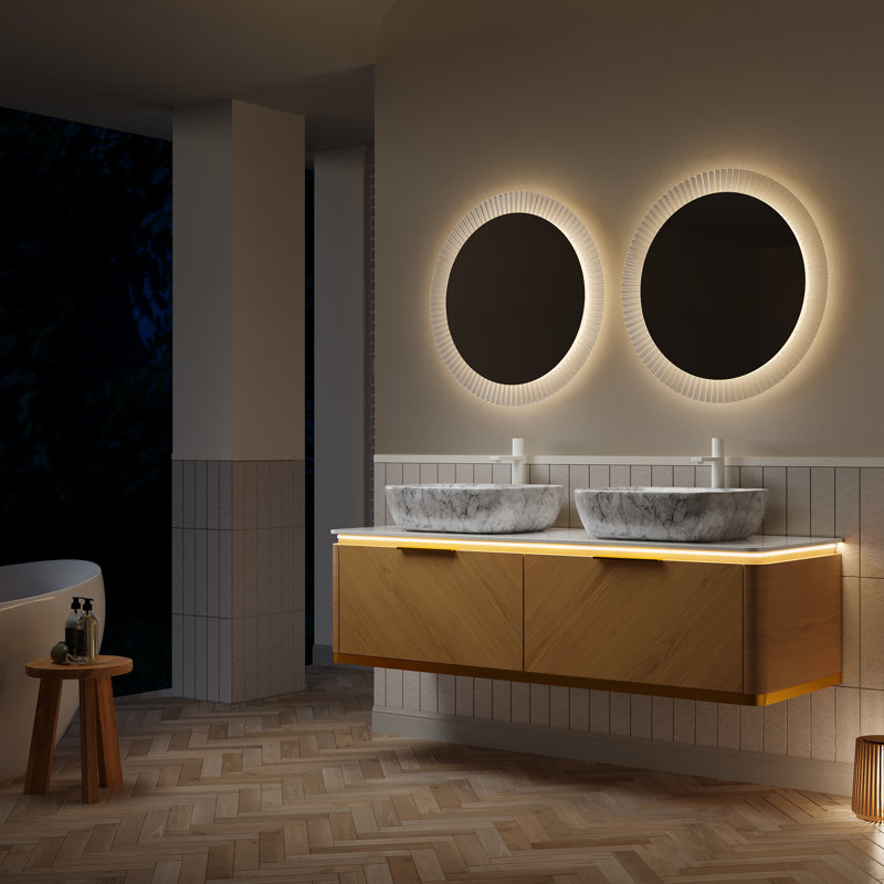 Meuble-lavabo et évier de salle de bain 60 po Dipa, armoire de rangement flottante en contreplaqué avec 2 tiroirs, capteur de lumière, 2 vasques en céramique à motif marbré et plateau en pierre frittée, pré-assemblé, couleur chêne naturel 