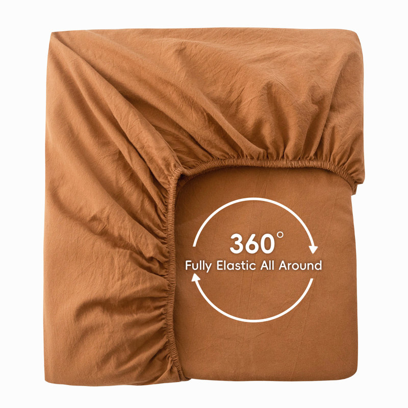 MooMee Fitted Sheet Only Extra Deep Pocket 100% Washed Cotton Linen Like Textured Lightweight Breathable, Burnt Orange, King