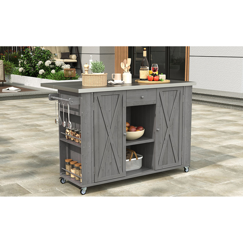 Outdoor Kitchen Island Fir Wood Kitchen Island With Stainless Steel Top, Ample Storage Space, Towel And Spice Racks And A Bottle Opener For Outdoor, Grey, Kitchen Island