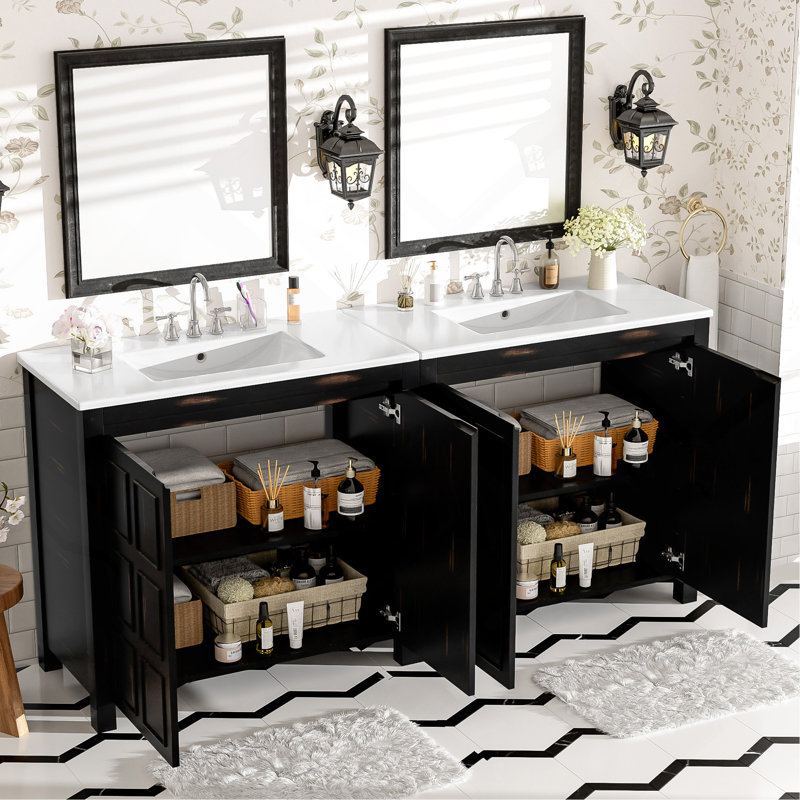 Ensemble de meuble-lavabo 72 po avec lavabos doubles (séparés), lavabos doubles en céramique, portes à fermeture en douceur et tablette réglable - Armoire de rangement espresso rétro pour une organisation élégante de la salle de bain