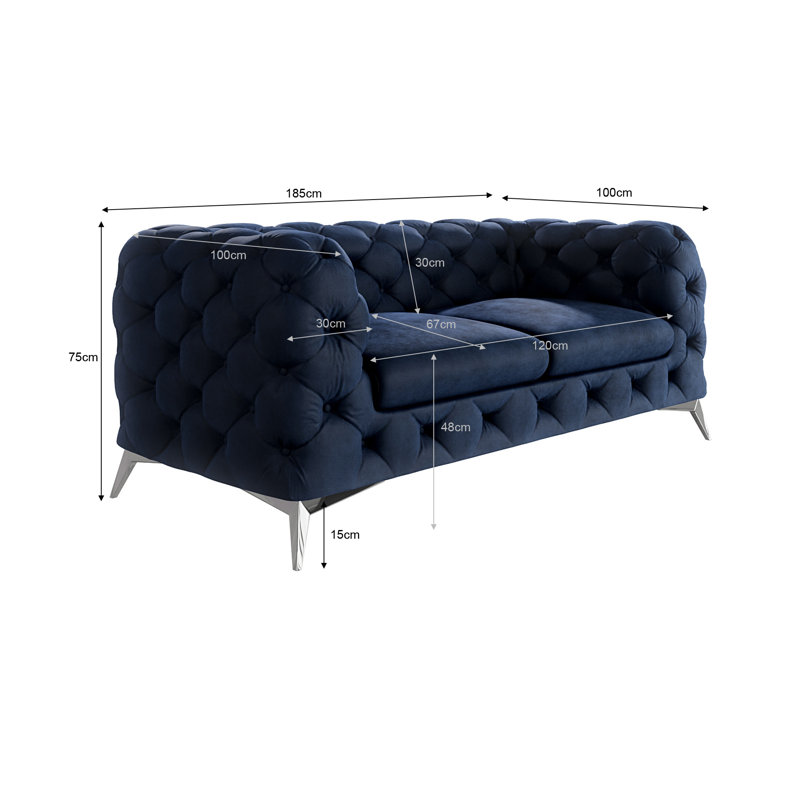 Chesterfield Sofa Bixby 2 Seater with Silver Metal Legs, Navy Blue