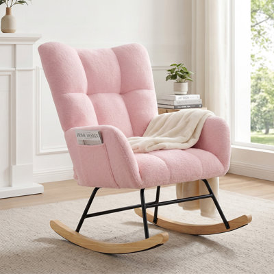 Chaise berçante, fauteuil d'appoint oscillant rembourré avec dossier haut Teddy, fauteuil à bascule avec poche latérale