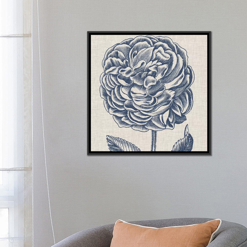 « indigo floral on linen v », reproduction de dessin sur toile tendue, H 18 po x l 18 po x P 1,5 po, Toile avec cadre noir