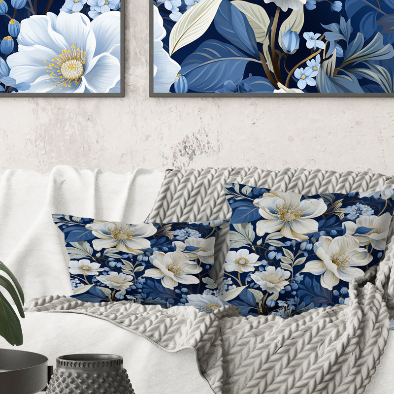 Icy Blue Snowy White Flowers Scenery I - Floral Printed Throw Pillow, 16"H x 16"W