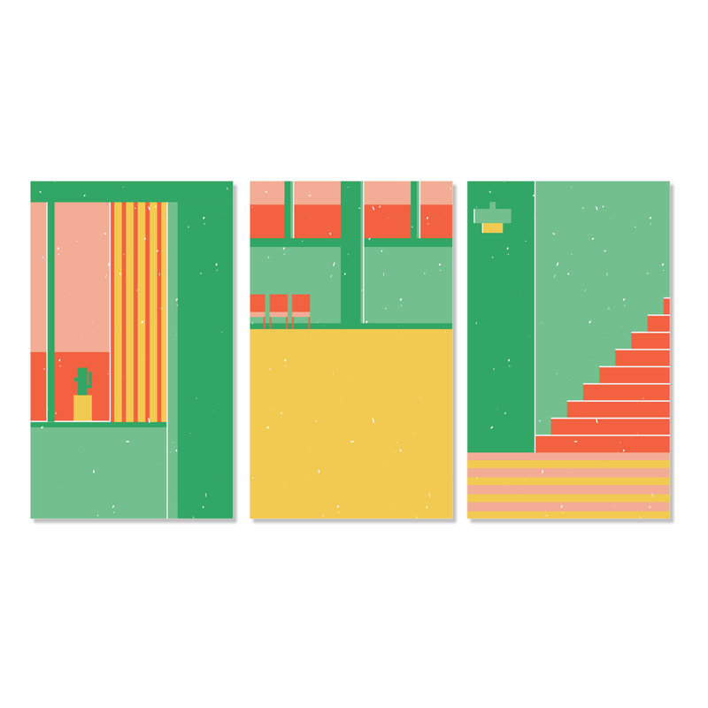 Ensemble de 3 pièces rétro rétro et minimalistes géométriques multicolores - Art moderne Mid-Century, H 40 po x l 60 po