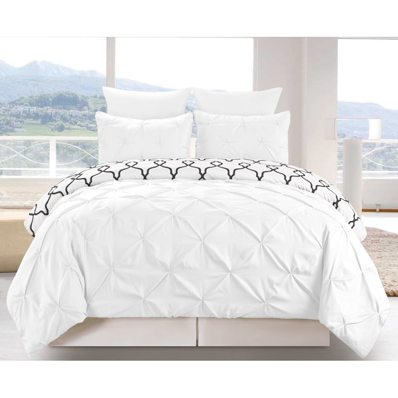 Elegant Reversible 3 Piece Pintuck Duvet Cover Set, Queen Duvet Cover + 2 Shams, White