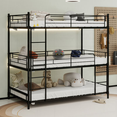Heavy-Duty Triple Frame Bed With Built-In Ladder And Full-Length Railing, Floor Safe For Children/Teens/Adults, Bedroom/Dorm Room, No Springs Required, Easy To Assemble, Black