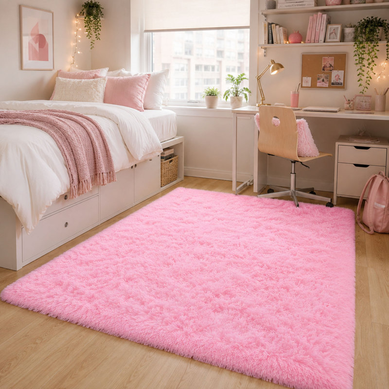 Tapis rose à poils longs lavable de 122 x 183 cm avec envers antidérapant