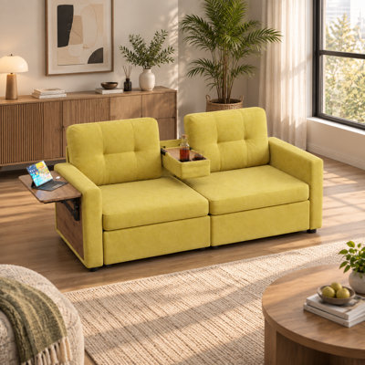 Canapé en chenille jaune avec rangement coulissant, console porte-gobelet et tables d'appoint pliables, 2 places