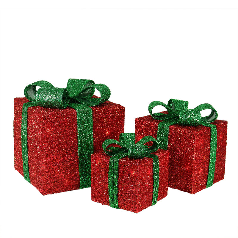 Ensemble de 3 boîtes-cadeaux en forme de guirlandes lumineuses rouges et vertes avec nœuds 10 po