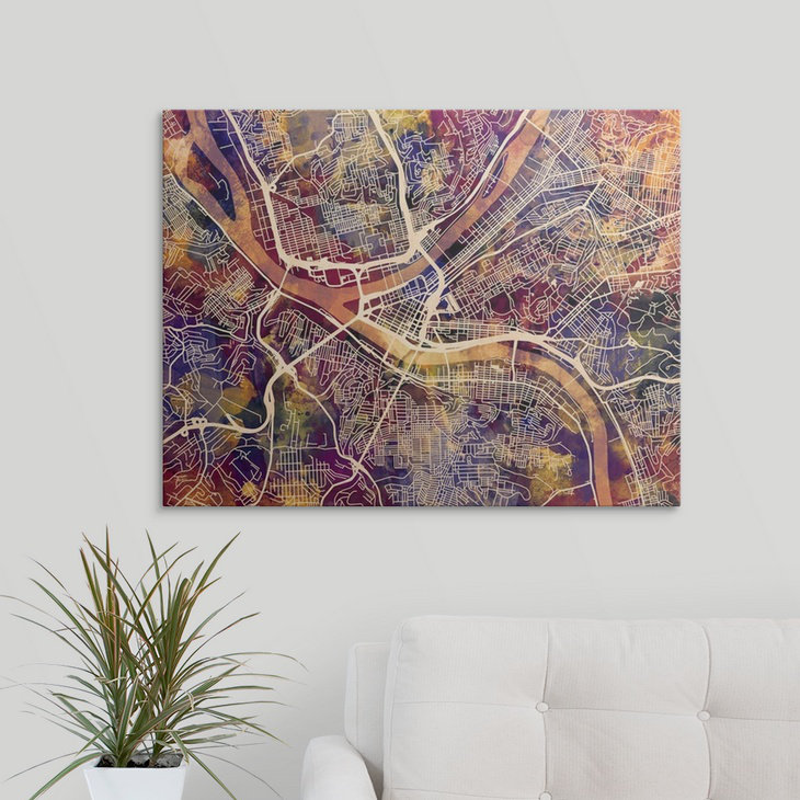 «Pittsburgh Pennsylvania Street Map» par Bellen, impression, H 36 po x l 48 po x P 1,5 po, Toile