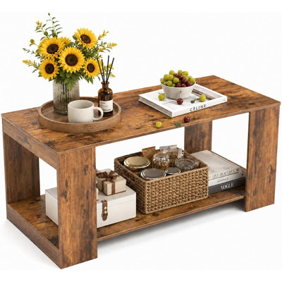 Modern 2-Tier Coffee Table with Storage, Rectangular Wood Center Table for Living Room, Small Space Furniture