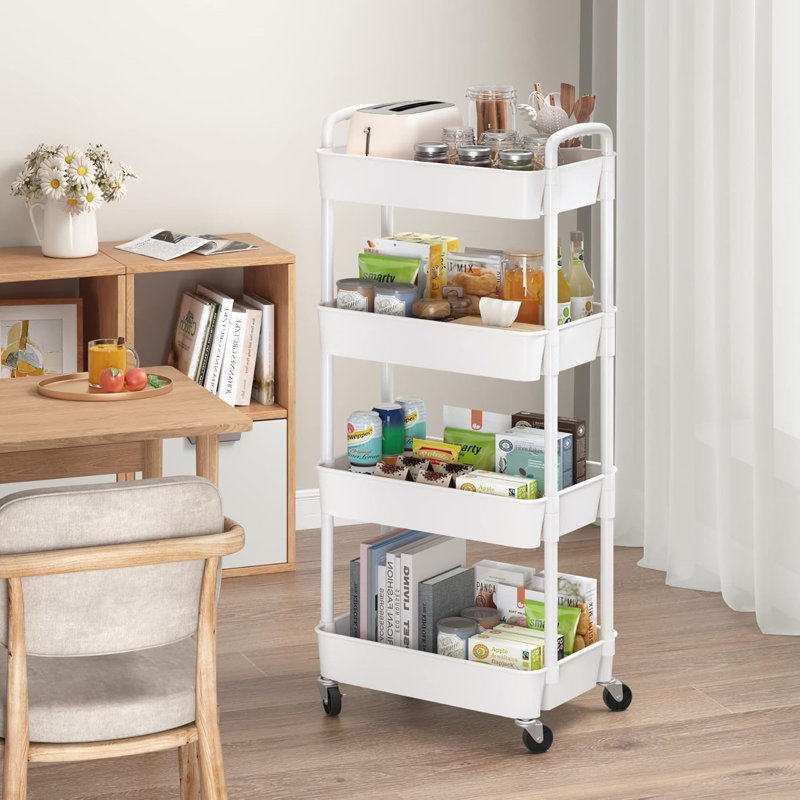 4-Tier Plastic Rolling Utility Cart with Handle, Multi-Functional Storage Trolley, Living Room, Kitchen, Movable Storage Organizer with Wheels