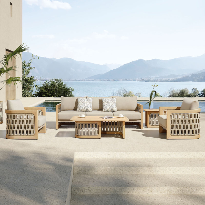 Riva 4 - Pieces Outdoor Patio Coversation Sofa Set, Teak Frame & Hand-made Woven Rope, Natural