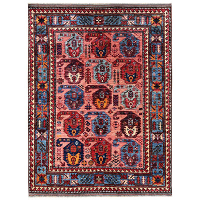 Tapis rosé 4 pi 2 po x 5 pi 5 po Ersari afghan avec un nœud turc, motif de race blanche antique, colorants végétaux, tissage dense, noué à la main, laine douce et veloutée, tapis oriental