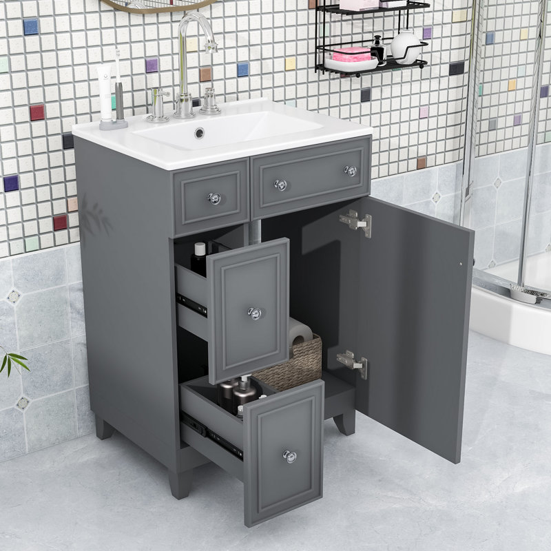 Meuble-lavabo chic 2 tiroirs 24 po avec lavabo en céramique et conception compacte, Noir, Argent argent