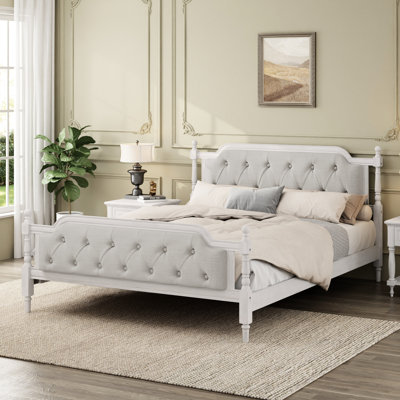 Elegant King Bed Frame With Linen Headboard, Solid Wood, No Box Spring, Provide A Comfortable Sleep Traditional Soft Padded Increase Sleeping Comfort