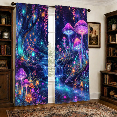 2Pcs Magical Forest Mushroom Curtains, Light Filtering Fabric, Mystical Glowing Mushrooms and Crystals, Enchanted Fairy Tale Scenery, Privacy Protection, Rod-Pocket Design, Perfect for Living Room, Bedroom, Teen Decor