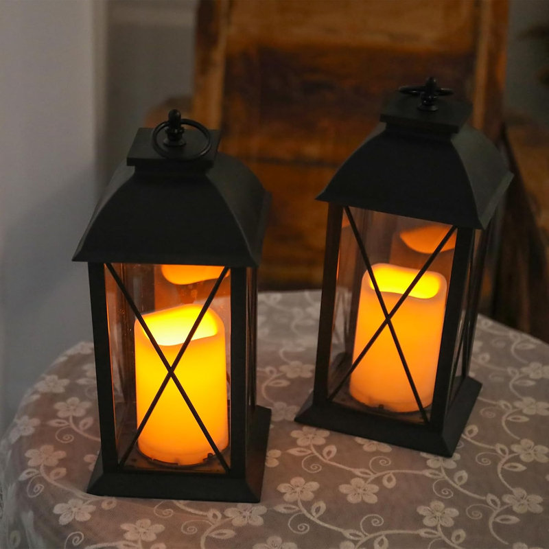 Ensemble de 2 lanternes décoratives noires 13 pouces avec bougies à DEL sans flamme, minuterie de 6 heures, alimentées par piles et étanches