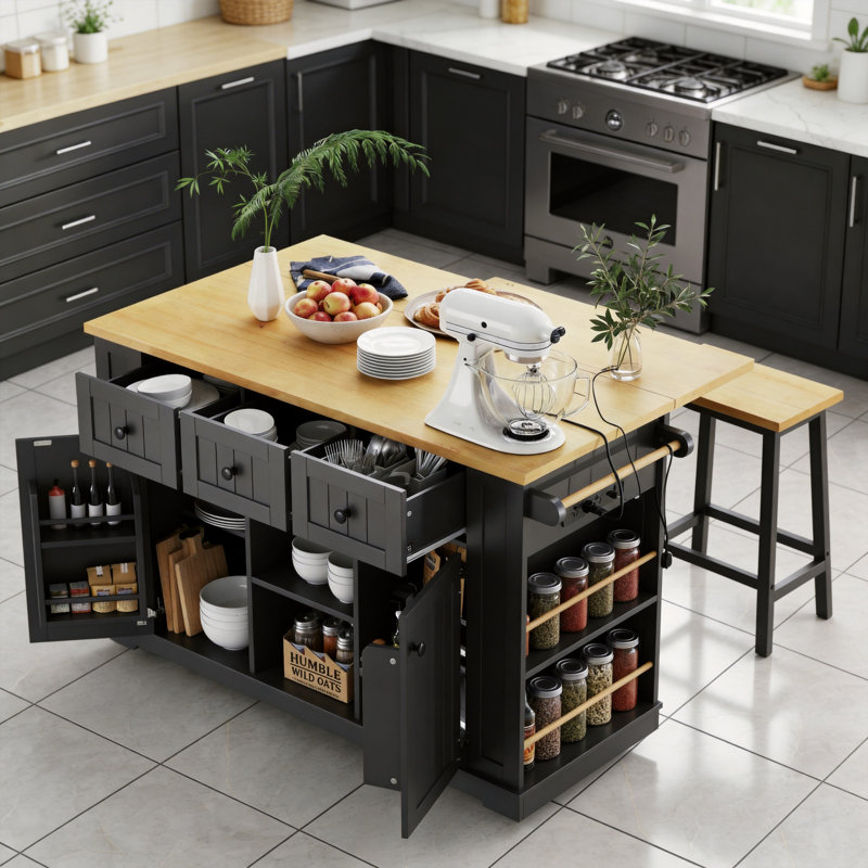 53.2-Inch Large Kitchen Island 2-Piece Set: Folding Tabletop, Outlet Socket, Inside Door Storage Shelf, 5-Wheel Trolley, 5 Side Shelves, Kitchen Suitable, Black, Stool Not Included