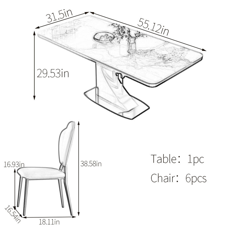 Ensemble de table de salle à manger haut de gamme en fritté, H 29,53 po x L 55,12 po x l 31,5 po, Blanc