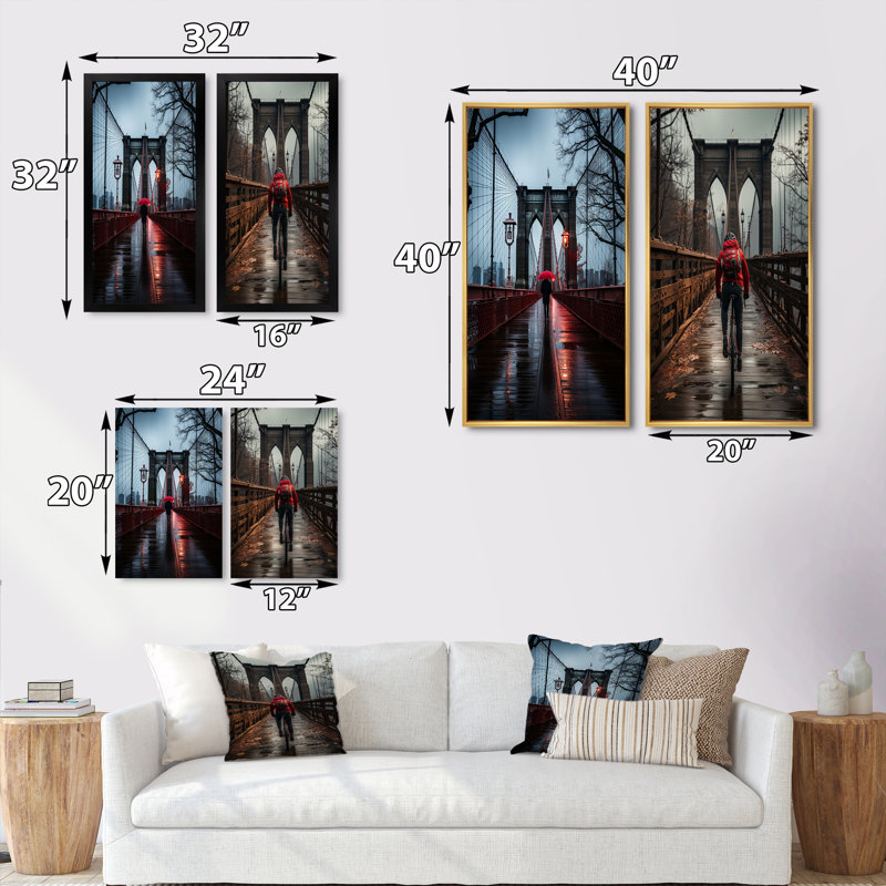 «Red Gray New York Brooklyn Bridge», 2 pièces sur toile, Cadre noir, H 32 po x l 32 po
