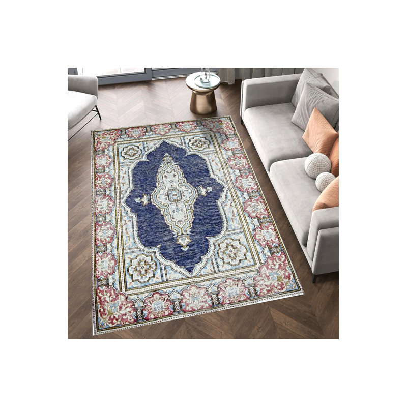 Tapis décoratif crème à motif traditionnel bleu marine lavable à la machine, Rectangle 2 pi 4 po x 3 pi 11 po