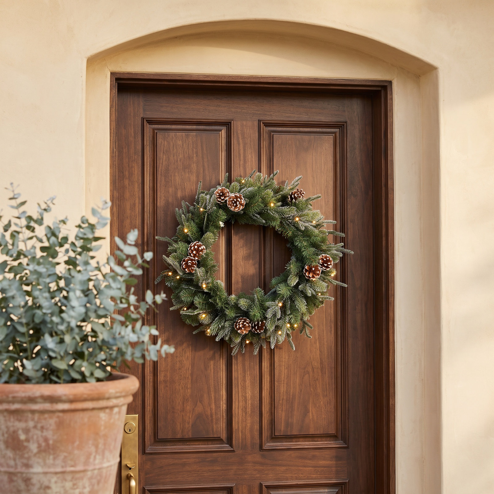 24" Artificial Large Winter Pre-Lit Wreath Farmhouse Cedar Christmas Wreath For Front Door With LED Lights