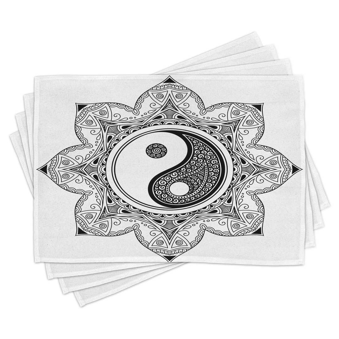 Platzdeckchen 4er Set, Mandala Floral Illustration, Weiß Schwarz